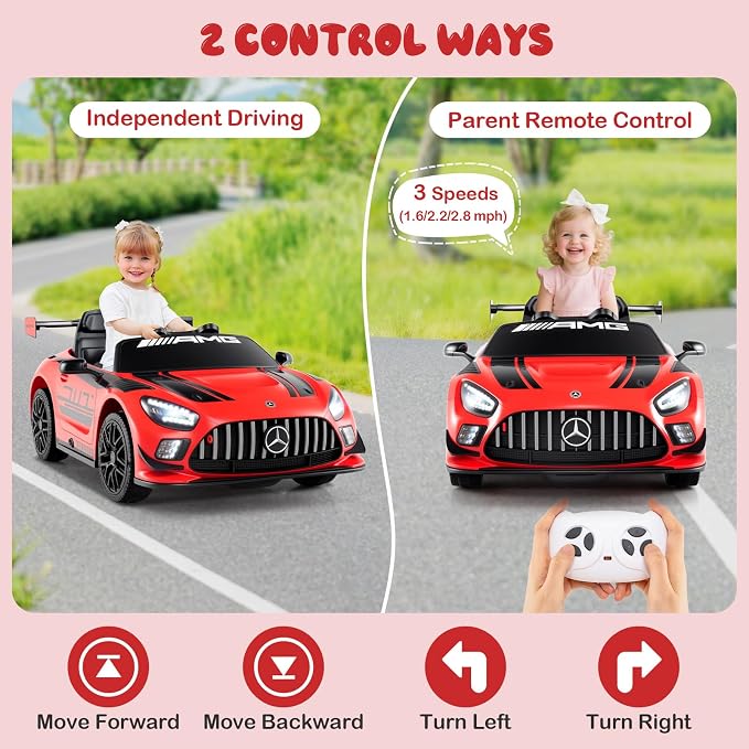 Costzon Ride on Car, 12V Licensed Mercedes-AMG GT3 Kids Car with Remote Control, 3 Speeds, LED Lights, Music, Wireless, Transport Wheels & Soft Start, Electric Vehicle for Toddlers Aged 3+ (Red)