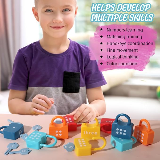 Dinhon Kids Learning Locks with Keys Numbers Matching & Counting Montessori Educational Toys for Ages 3 4 5 Boys and Girls Preschool Games Gifts