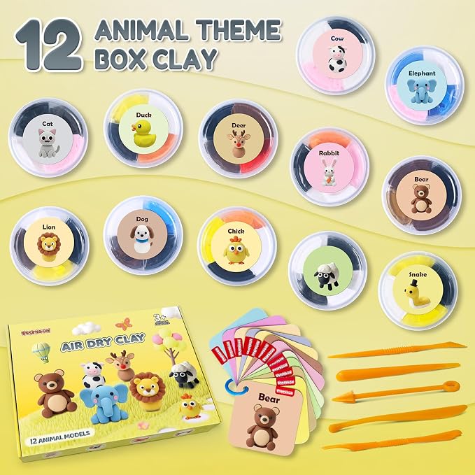 Air Dry Clay Kit for Kids, Animal Modeling Clay, DIY Model Magic with Sculpting Tools and Tutorial Cards