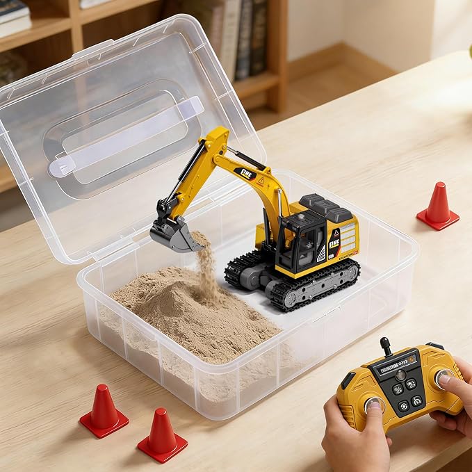 1/64 MINI RC Excavator with Play Sand Box Set,Portable Indoor & Outdoor Construction Truck，Desktop Toy with Lights & Sounds,Gift for Boys Kids 6+ & Adults