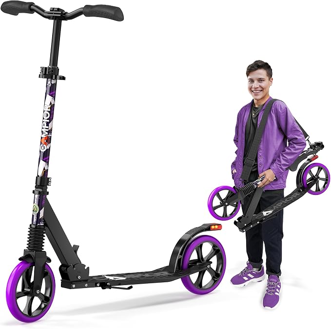 Campior Kick Scooter for Ages 6+, for Kids, Teens, and Adults, Max Load 240 LBS, Foldable, 8-inch Big Wheels for Kids and Adults, with Kickstand, 3 Adjustable Levels, Child Safety Approved, Purple