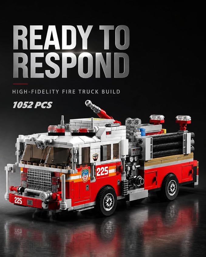 Ladder Fire Truck Building Set, Compatible with Lego City Fire Engine Toy with Detachable Telescopic Ladder & Rotatable Water Gun, STEM Educational Rescue Vehicle Gift for Boys Kids Age 8+(1052PCS)
