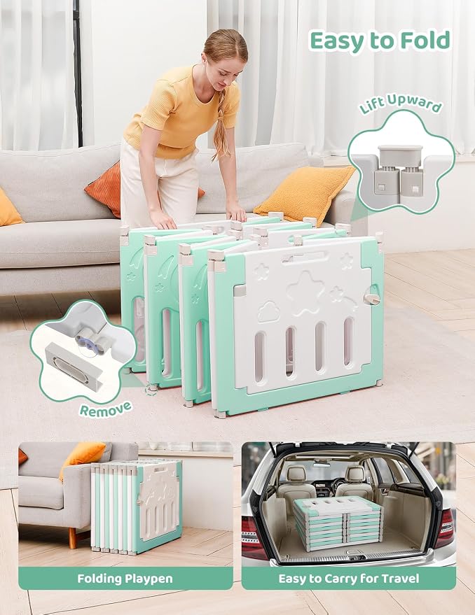 Dripex Baby Playpen, 14-Panel Foldable Playard for Toddlers 6-36 Months, Adjustable & Portable Indoor Outdoor Safety Play Area with Anti-Pinch Design, Game Panel and Safety Gate, Light Green White