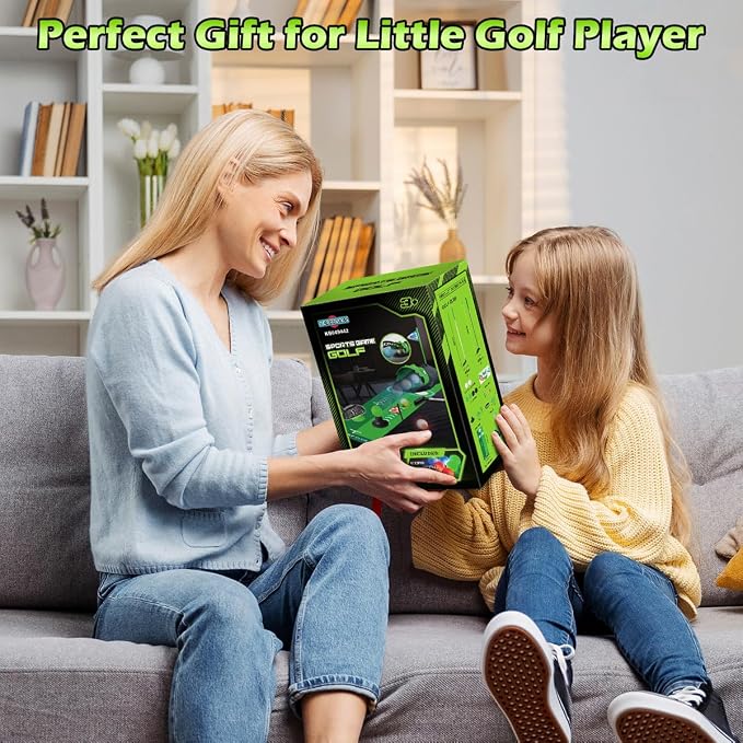 TERRAMUS Upgraded Kids Toy Golf Set with Dinosaur Automatic Golf Returner, Led Light Up Night Golf Balls, 3 Clubs, Putting Mat, 3-8 Toddler Mini Golf Games, Indoor Outdoor Sports Toys for Boys Girls
