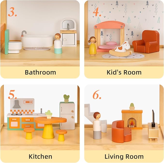 OOOK Large Wooden Dollhouse with 42 Pcs Luxurious Furniture Accessories, 3-Story Doll House 6 Rooms Balcony Wooden Stairs, Ideal Modern Doll House for 3 Year Old