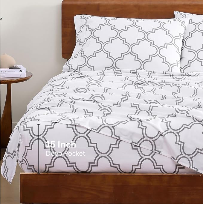 LANE LINEN King Sheets 100% Organic Cotton 4pc Percale Cooling - Trellis | Organic Cotton Percale King Sheet Set - For Hot Sleepers, All-Season Comfort, For Master Bedrooms, Crisp Hotel-Style Feel