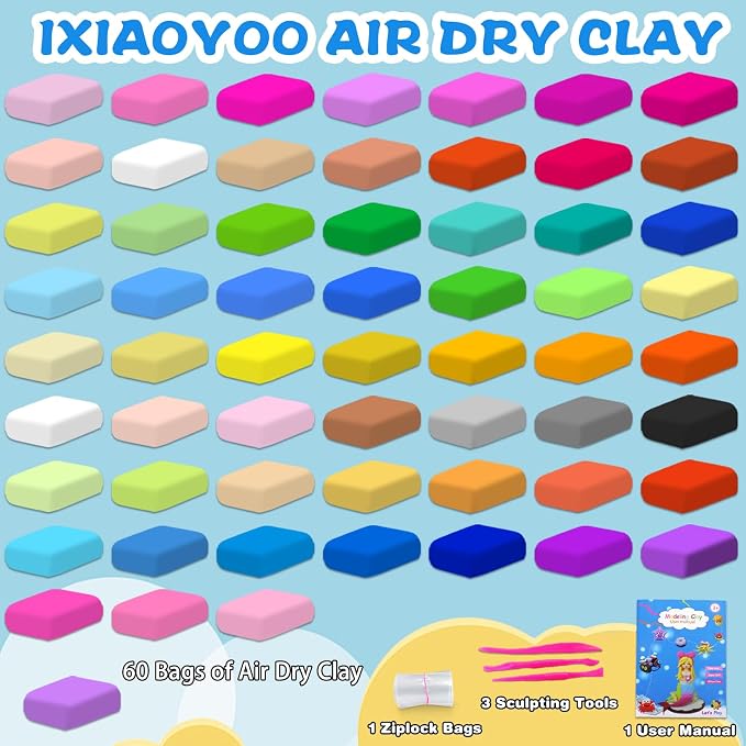 Ixiaoyoo Air Dry Clay for Kids, 60 Colors Modeling Magic Clay, DIY Model Arts & Crafts Kit with Sculpting Tools, Soft & Safe & Non-Toxic, School Projects, Birthday Toy Gifts for Boys & Girls Aged 3–12