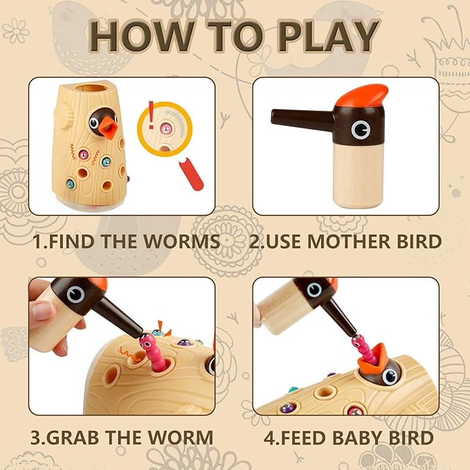 TOP BRIGHT Montessori Toys for 2 Year Old Girl Boy, Fine Motor Skills Toddler Sensory Toys Age 2-4, Woodpecker Worm Toy Magnetic Bird Feeding Game