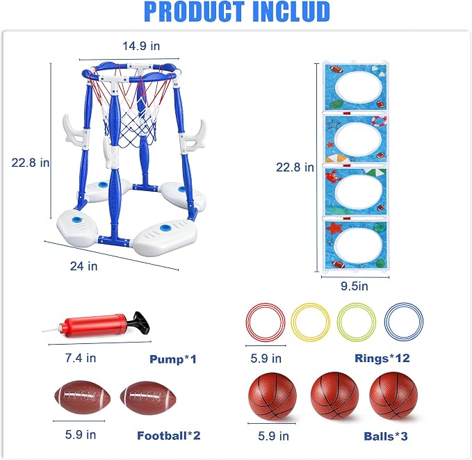 Pool Basketball Hoop 3-in-1 Basketball Football Ring Toss Games Pool Toys with 5 Balls, Floating Basketball Hoop for Pool for Kids & Adults Indoor Outdoor