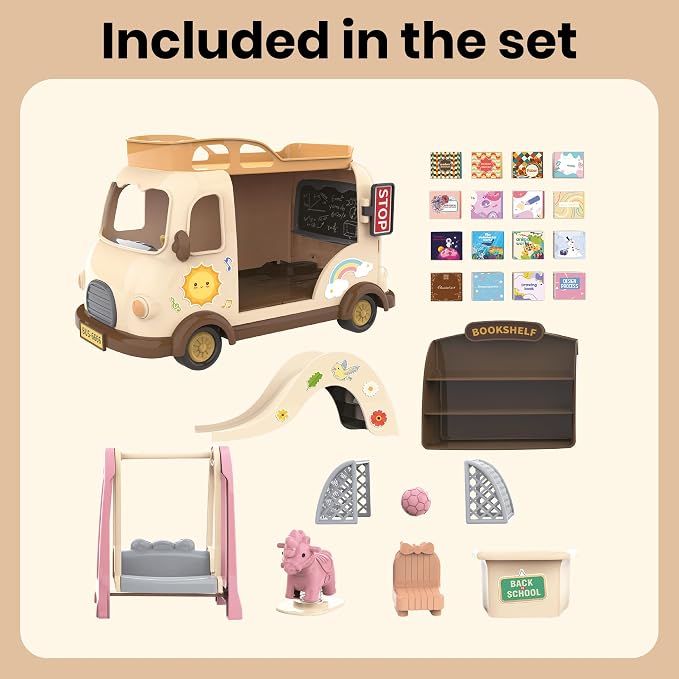 Family School Bus Toy — Mobile Classroom Playset with Bookshelf, Slide, Swing & Soccer Goals, Dollhouse Pretend Play Vehicle, Gift for Kids Ages 3+