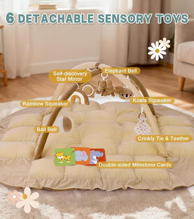 5-in-1 Baby Play Gym and Tummy Time Mat, 12 Learning Cards, Plush Activity Mat with 6 Toys, Baby Gym, Convertible to Ball Pit, Baby Gift, Brown