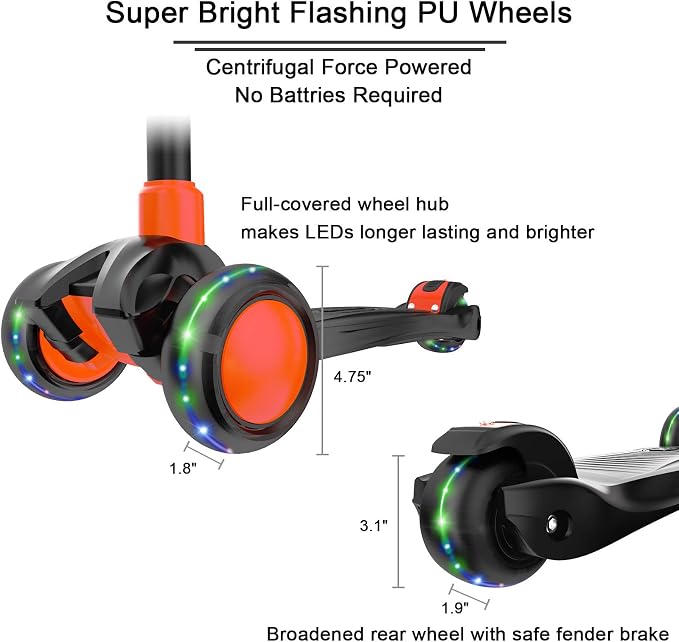 Allek Kick Scooter B03, Lean 'N Glide 3-Wheeled Push Scooter with Extra Wide PU Light-Up Wheels, Any Height Adjustable Handlebar and Strong Thick Deck for Children from 3-12yrs (Black-Red)