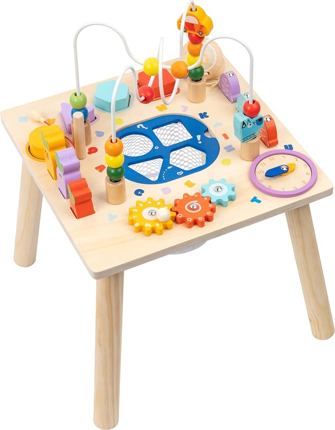 Baby Activity Table for 1 Year Old, Wooden Sensory Table Activity Center with Bead Maze with Shape Sorter Fishing Game, 8 in 1 Learning Toys for Baby 12+ Months Boys Girls Gifts