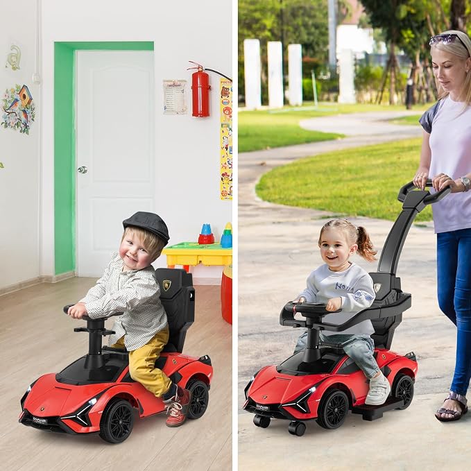 INFANS 3 in 1 Ride on Push Car, Licensed Lamborghini Baby Stroller Sliding Walking Car with Parent Control Handle, Music, USB, Headlight, Under Seat Storage, Foot-to-Floor Toy for 18-60 Months (Red)