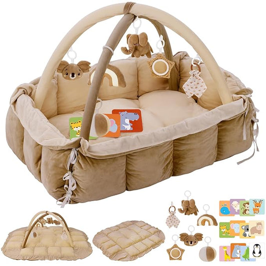 5-in-1 Plush Baby Play Gym, Baby Play Mats, Convertible Baby Gym, Tummy time mat, 6 Sensory Toys, Activity Center, Ball Pit, Brown