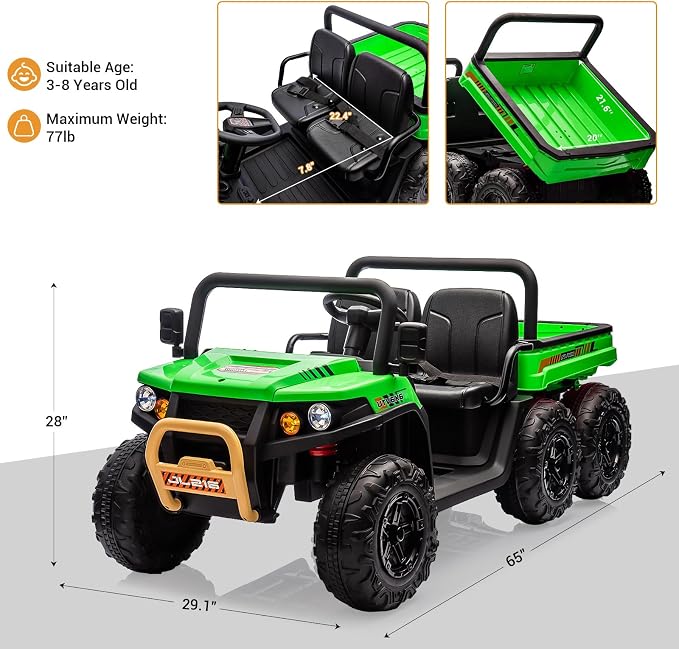 Hetoy 2 Seater Ride on Dump Truck, 24V Electric Vehicle Toys for Kids with Remote Control, Ride on Car with Electric Dump Bed, Toy Shovel, Music, LED Headlights & Spring Suspension- Ages 3+ (Green)