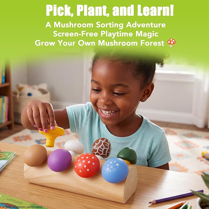 Mushroom Montessori Wooden Educational Toy for Toddlers 18M+ – Preschool Learning Playset, Fine Motor & Color Recognition Kids Toy