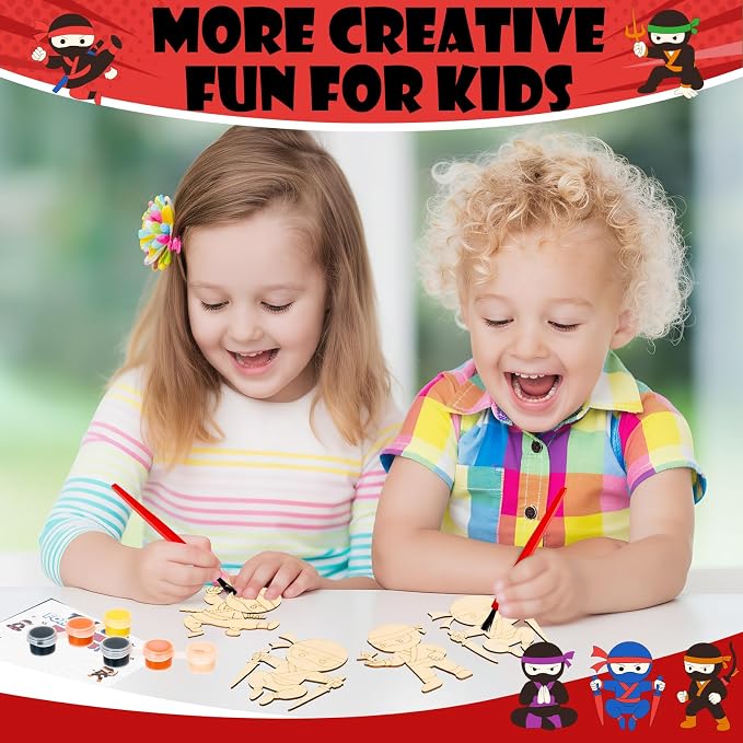 Bafeil 24 Set Ninja Party Favors - Paint Your Own Wooden Magnets Painting Kit for Birthday Party Decorations Party Supplies with Card, Goodie Bag Stuffers Back to School Classroom Return Gift