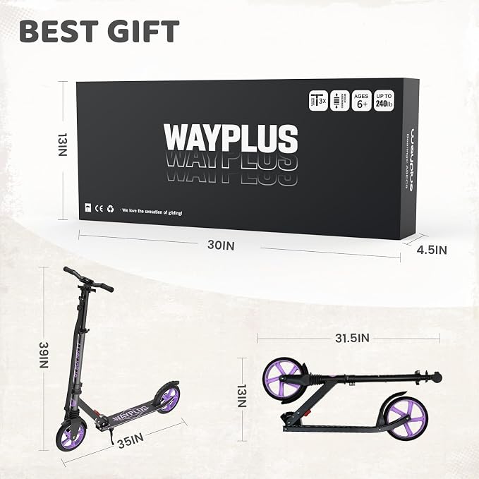 WAYPLUS KS1 Kick Scooter for Ages 6+,Kid, Teens & Adults. Max Load 240 LBS. Foldable, Lightweight, 8IN Big Wheels for Kids, Teen and Adults, 4 Adjustable Levels. Bearing ABEC9 FED Fitness