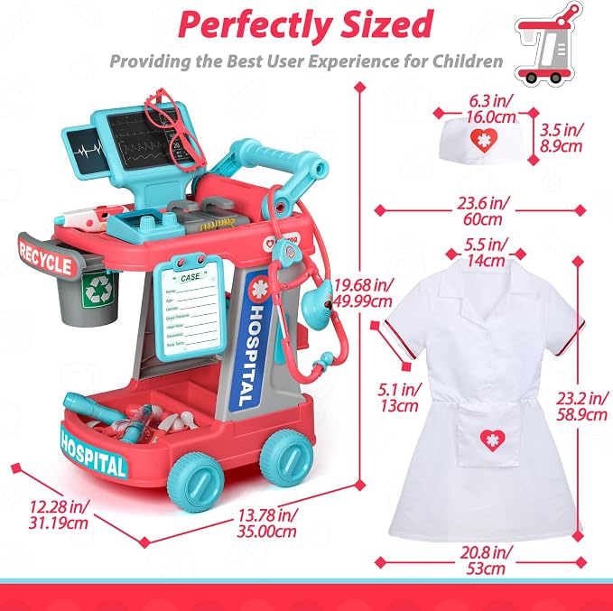Liberry Doctor Kit for Toddlers Ages 3 4 5, Pretend Kids Doctor Playset with Cart, Costume and Stethoscope, Role Play Medical Toys Birthday Gift for Girls Boys (Red)