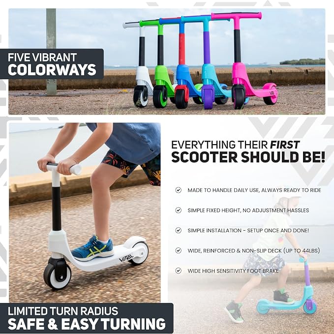 Vital First 2 Wheel Toddler Scooter | Beginner Balance Training Kids Toys for Ages 2-5 | Durable Lightweight Design & Fixed Height Kids Scooter | Wide Wheels and Foot Brake