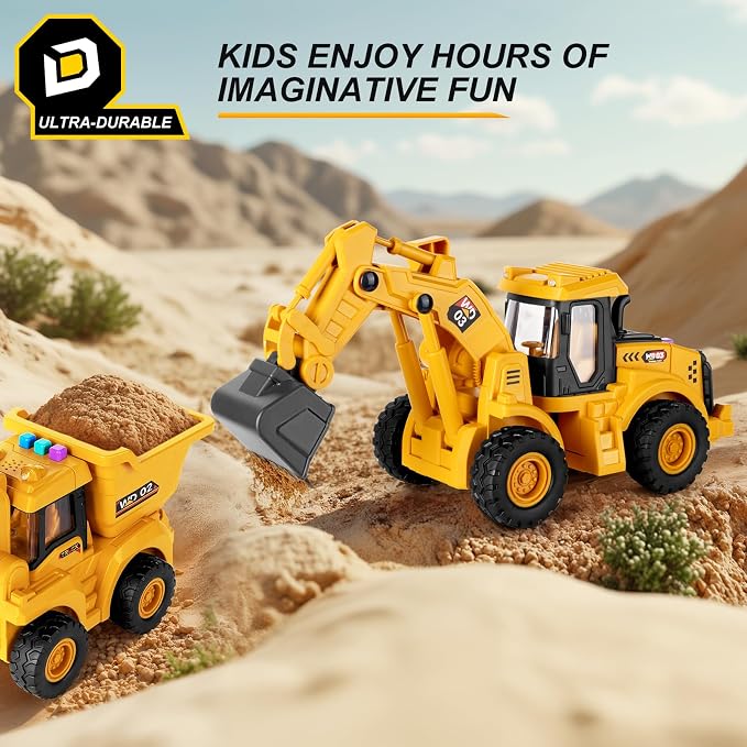 11" Excavator Toy, 1: 18 Scale, Rolling Wheels Inertia-Powered, Heavy‑Duty Plastic, with Lights & Rumbling Action, Working Boom & Bucket, Indoor/Outdoor Sandbox Vehicle for Ages 3 + - Easter Gifts