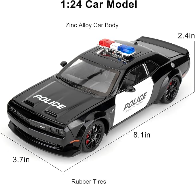Police Car Model for Collectible 1:24 Dodge Challenger SRT Hellcat Toy, Diecast Vehicle Toy with Lights and Sounds,Pull Back Decoration Model Car Toy for Adults Kids Birthday Gifts