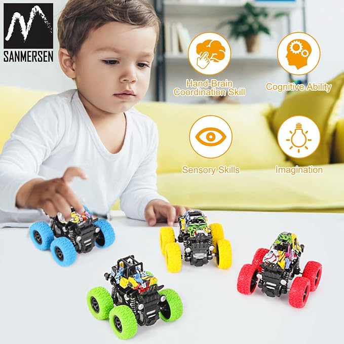 M SANMERSEN Monster Truck Toys for Kids, Friction Cars for Toddlers Push and Go 360° Rotating Stunt Car for 3+ Year Old Boys Girls Gifts (4 Pack - Blue/Green/Red/Yellow)
