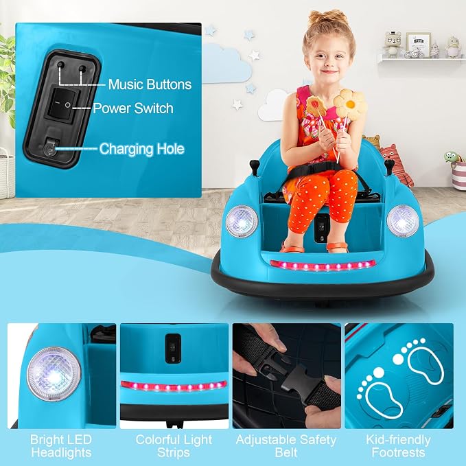 Costzon Bumper Car for Toddler, 12V Electric Kids Ride on Bumper Car with Remote Control, 360 Degree Spin, LED Lights, Music, Battery Powered Baby Bumping Toy Gift for Toddlers 2-5 Years Old (Blue)