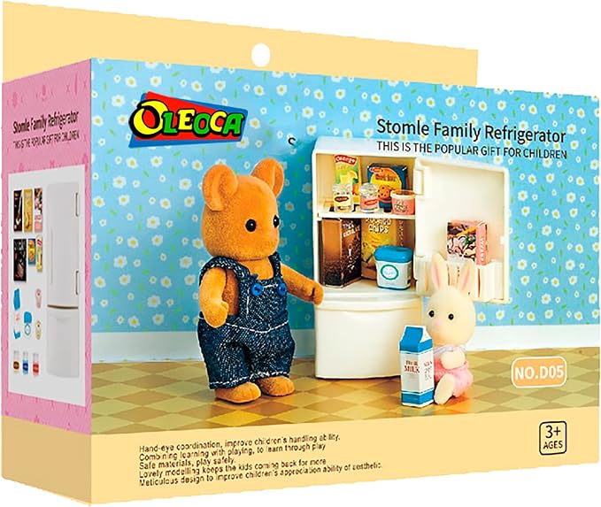 Family Dollhouse Refrigerator Set — Mini Fridge with Opening Doors, Interior Shelves, Milk Carton, Yogurt Tub, Ice Cream Cups & Topping Jars — Dollhouse Furniture & Accessories for Ages 3+