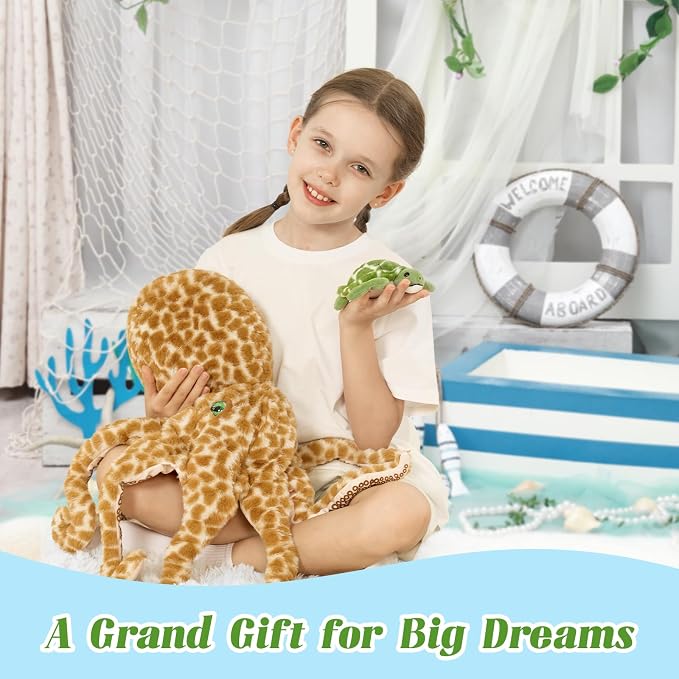 5 Piece Giant Octopus Plush Set, 23.6 Inch Mom Octopus Stuffed Animal with 4 Mini Ocean Animal Plush Toys, Soft Sea Creature Plush with Zippered Head Pouch, Ocean Gift for Kids