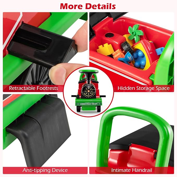 OLAKIDS 6V 2-Seater Ride on Train with Carriage, Storage, Train Whistle, Music, Lights for 18 Months+ (2 Seaters, Christmas)