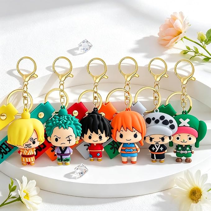 6Pcs OP Anime Keychain Set, Fun Cartoon Figures Keyring, Cute Collectible Pendant Keys Gift for Men Women Lovers
