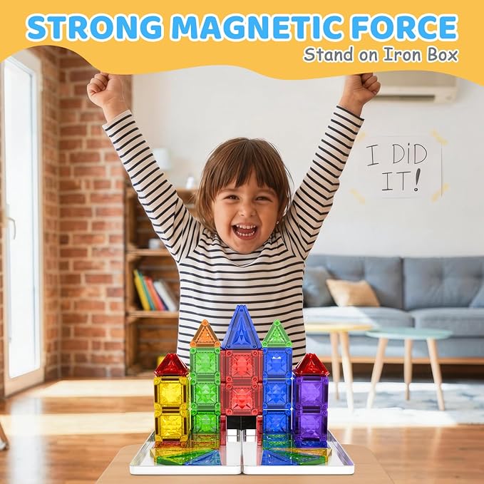 Mini Magnetic Tiles, 51 PCS Travel Magnetic Tiles Set in Iron Box with Magnetic Car - Portable STEM Building Toys, Brand-Compatible, Perfect Educational Gift for Kids Ages 3 4 5 6 7 8 9