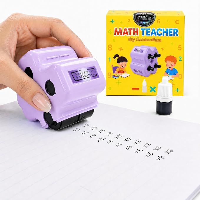 Math Teacher 4-in-1 Math Roller Stamp for Kids – Addition, Subtraction, Multiplication & Fill-in-the-Blank Practice Tool for Teachers, Classroom Activities, Homeschool & Daily Math Worksheets (Purple)