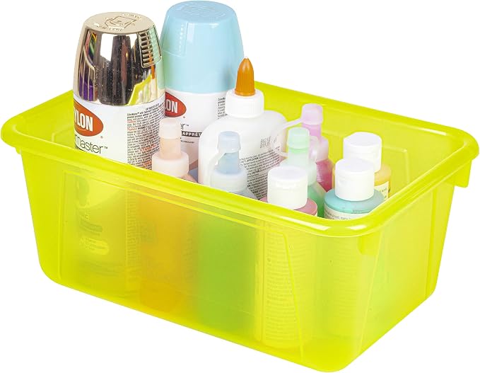 Storex Small Cubby Bins – Plastic Storage Containers for Classroom with Non-Snap Lid, 12.2 x 7.8 x 5.1 inches, Tint Yellow, 5-Pack (62482A05C)