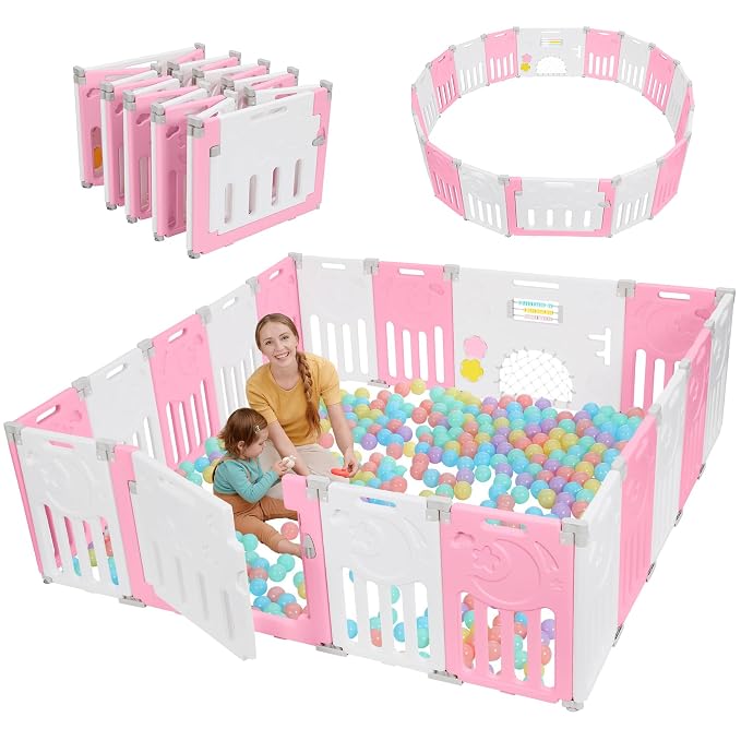 Dripex Baby Playpen, 18-Panel Foldable Playard for Toddlers 6-36 Months, Adjustable & Portable Indoor Outdoor Safety Play Area with Anti-Pinch Design, Game Panel and Safety Gate, Pink White