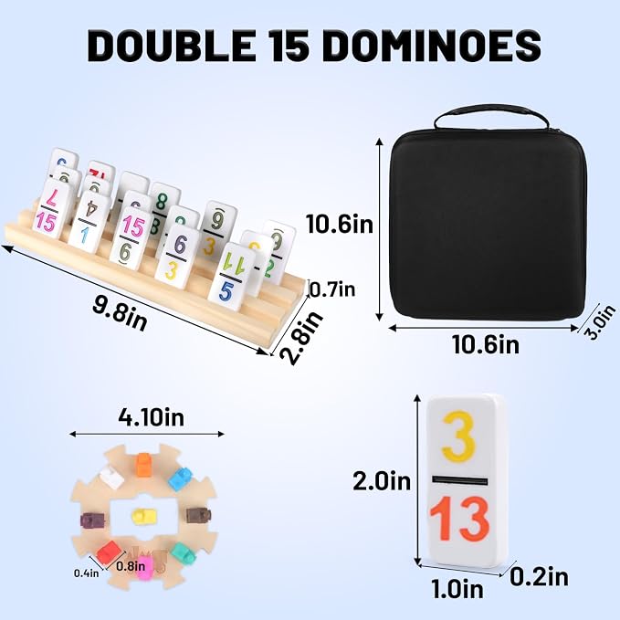 Mexican Train Dominoes Set Double 15 Number Domino Tiles, 136 Colorful Number Dominos Tiles with 8 Wooden Racks, Hub & Trains, Portable Domino Game Set for Adults Kids Families