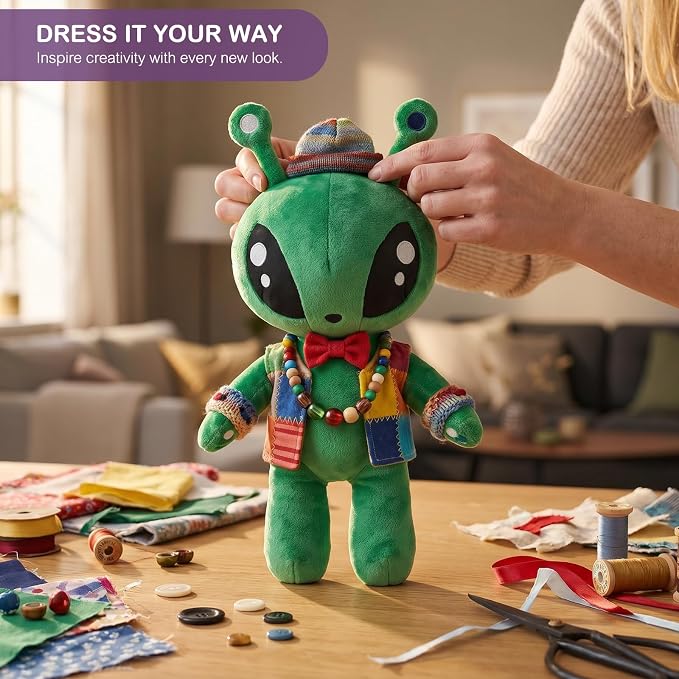 51-PCS Alien Plush Toy Set | 1 Green Alien Plush + 50 Space Themed Stickers | DIY Cosplay Ultra Soft Stuffed Alien Creature Figure | Cute Stuffed Animal Pillow | Ideal Gift for Sci-Fi Lovers Decor