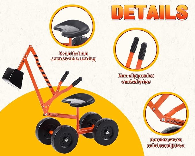 Albott Ride On Sand Digger Excavator Toys Working Crane with 8 inches Wheels and 360° Rotation Seat (Orange)