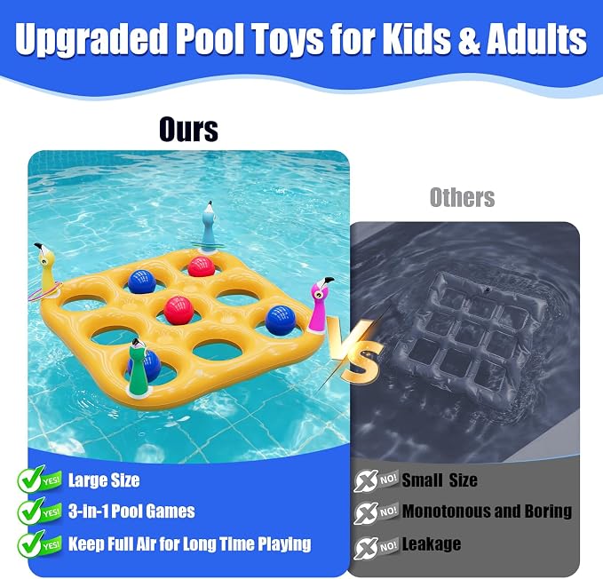 Flamingo Pool Toys Games Set, 2-in-1 Giant Inflatable Tic Tac Toe Float Game & Ring Toss Game with 10 Balls & 6 Rings, Outdoor Summer Fun Beach Yard Swimming Pool Games for Adults Teens Kids 6+