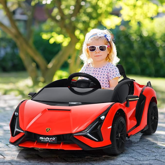 OLAKIDS Kids 12V Licensed Lamborghini SIAN Ride On Car, Electric Vehicle for Toddler with Control Remote, Battery Powered Toy with Music, Horn, 2 Speeds, Suspension, LED Lights, Bluetooth, USB (Red)