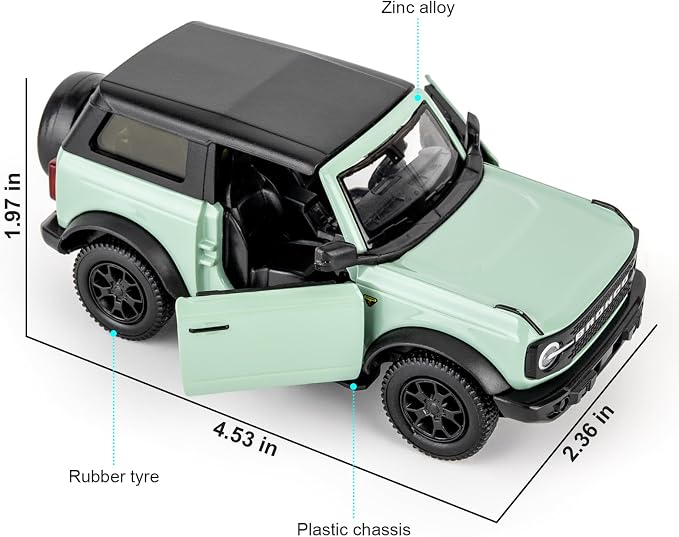 1:36 Ford Bronco Badlands 2dr Toy Car, Diecast Pull Back Model Car, Doors Open, Collection Kids Toy for Aged 3 and up, Mint Green