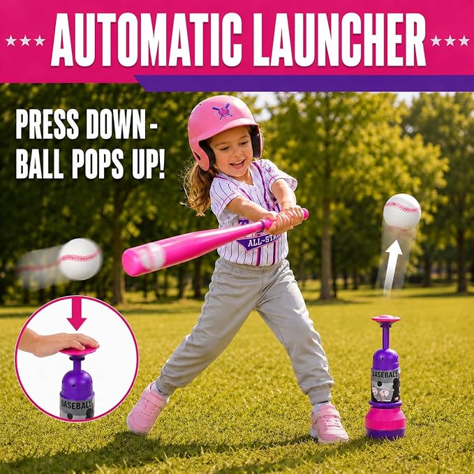 3-in-1 Baseball Set for Kids and Toddlers Ages 3-5 – Includes Tee Ball Stand, Hanging Tee, Automatic Ball Launcher, and 6 Softballs – Adjustable Height for Indoor/Outdoor Play – Sports Gift for Girls