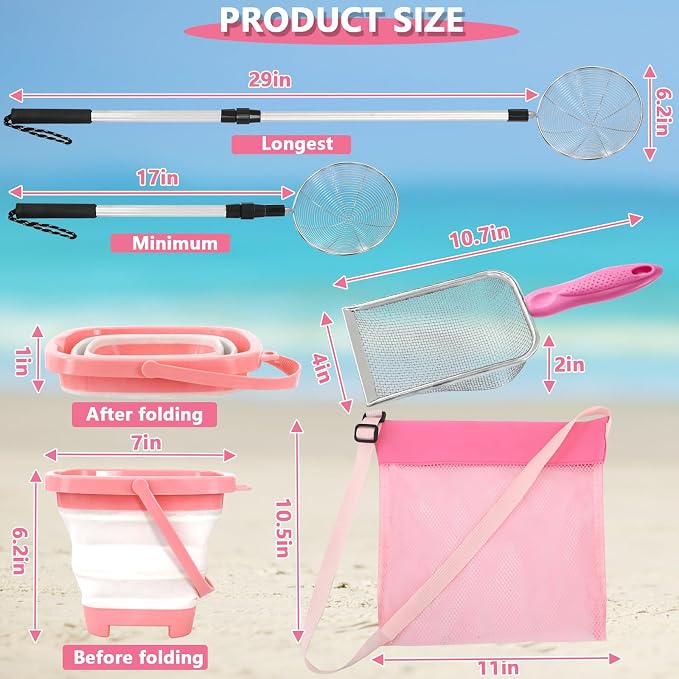 fethwoin Shark Tooth Sifter, Beach Sand Sifter, Sea Shell Scooper for Beach, Shell Bags&Foldable Bucket, Sand Beach Toys for Kids 6 8 10 12, Medium, Pink
