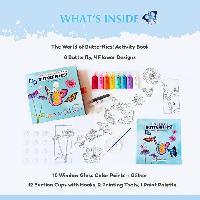 SunnyLifeStudios Butterfly Suncatcher Craft Kit for Kids – Stained Glass Window Art Kit with Activity Book & Paint Set | DIY Craft Gift Ages 8–12+