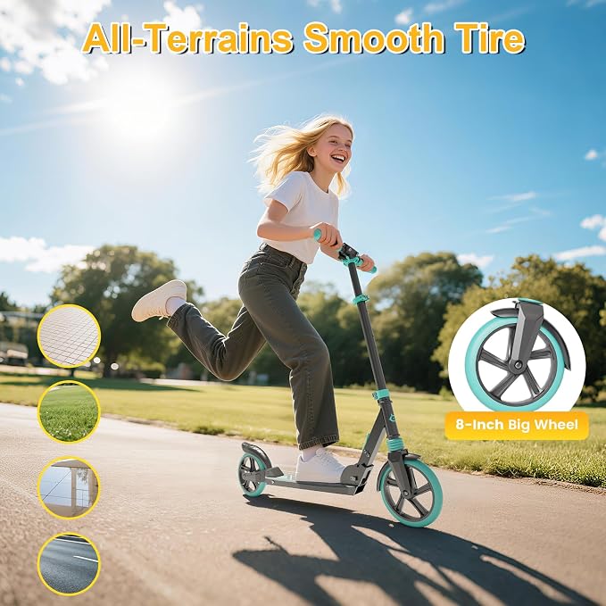 SIMATE Kick Scooter for Kids Teens & Adults, 4 Adjustable Heights, 8IN All Terrain Big Wheels, Foldable and Lightweight, Gifts for Girls Boys