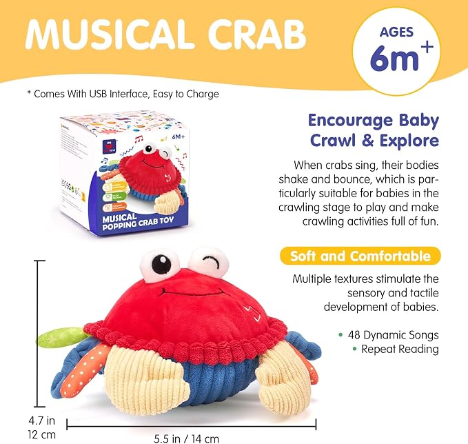 hahaland Baby Toys 6-12 Months, Musical Bouncing Crab Plush Toy with 48 Songs & Recording Function, Dancing Moving Jumping Baby Toy for Tummy Time, USB Rechargeable Crab Toy for Babies 6+ Months
