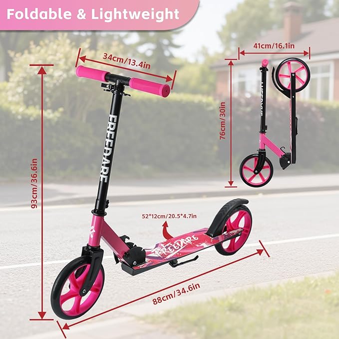 FREEDARE Kick Scooter for Kids & Adults Ages 8+, Foldable Teen Scooter with 2 Big 8-inch Wheels and 4-Level Adjustable Handlebar, Max Load 220 LBS
