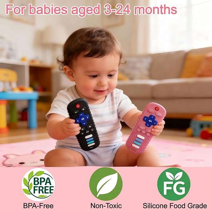 2Pcs Baby Teething Toys, BPA-Free Food Grade Silicone Baby Remote Control Teething Toy for 3-18 Months, Teething Relief Baby Toys, Teething Relief Newborn TV Remote Shaped Toy (Black&Pink)